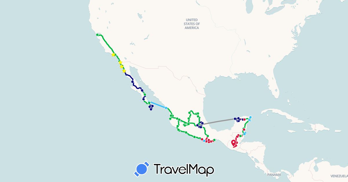 TravelMap itinerary: driving, bus, plane, train, hiking, boat, colectivos in Belize, Guatemala, Mexico, United States (North America)